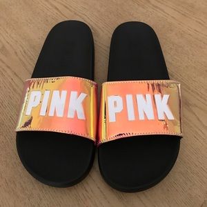 VS Pink Single Strap Slides Chrome/Holo Sz M